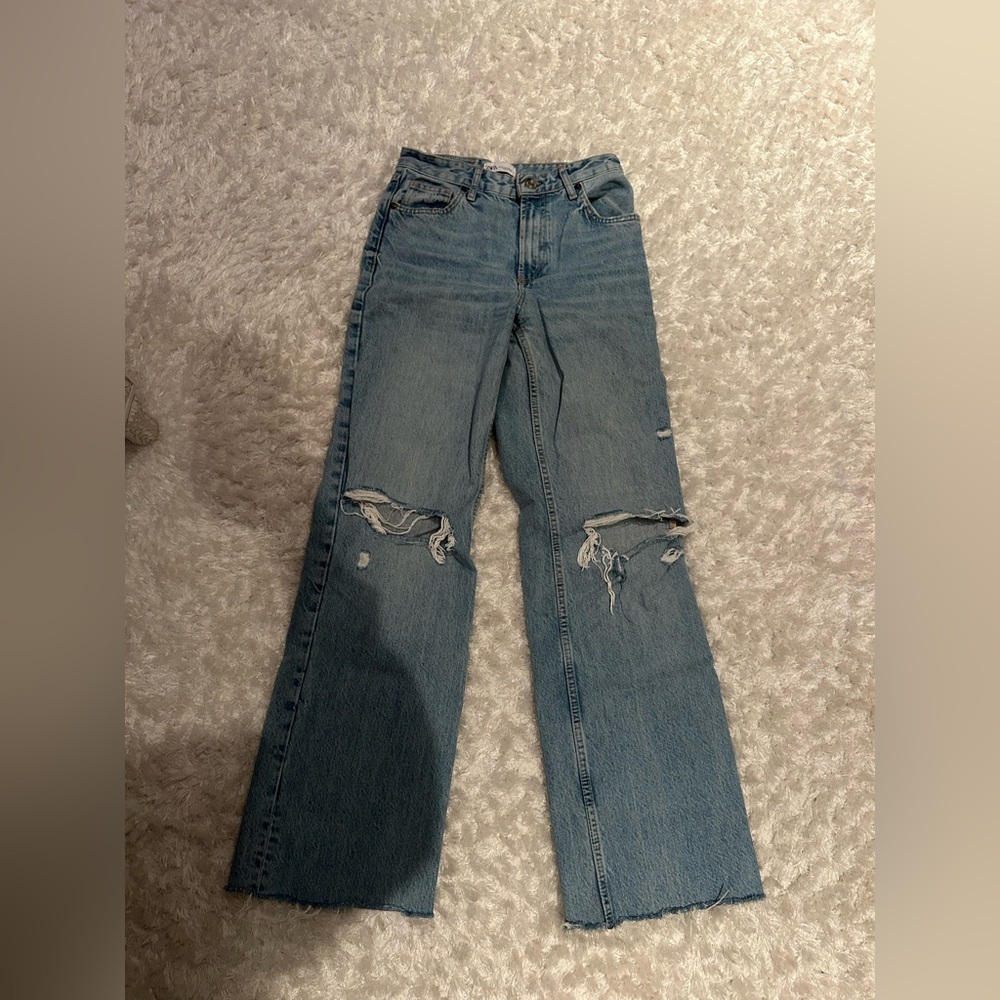 Zara Light Blue Distressed Flare Jeans